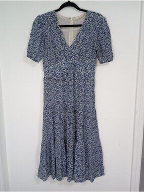 Tory Burch Floral Silk Cotton Midi Dress Puff Sleeves V-Neckline Womens Sz 2